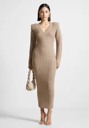 Taupe Wide Shoulder Knitted Midaxi Dress for Women - Stylish and Comfortable