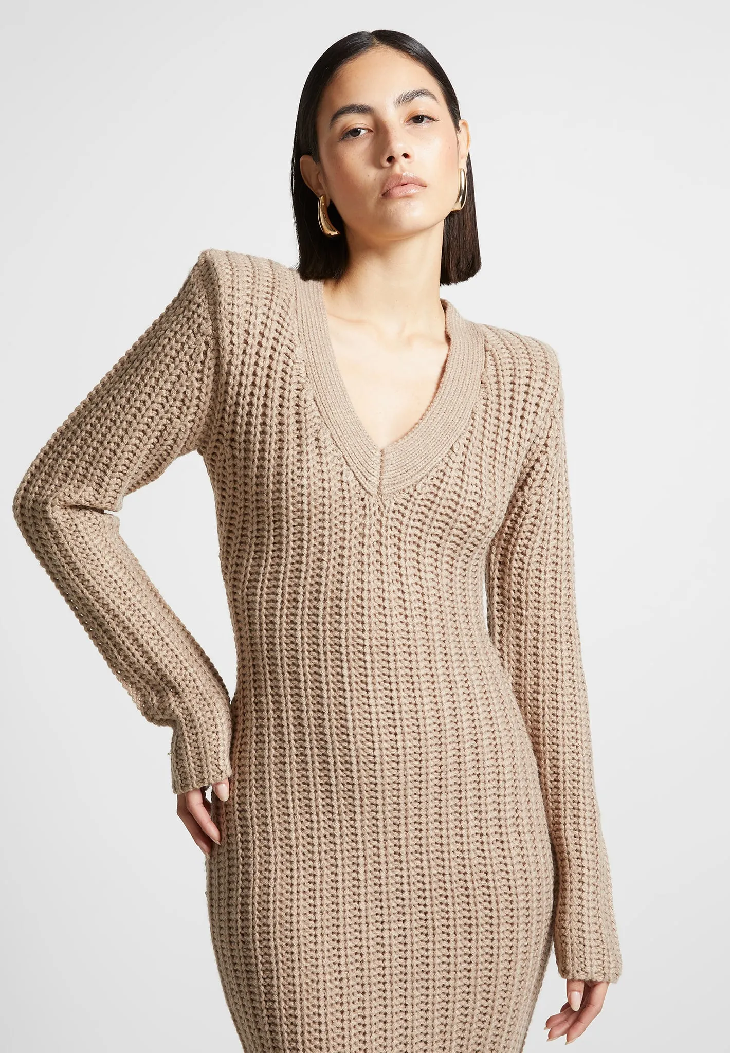 Taupe Wide Shoulder Knitted Midaxi Dress for Women - Stylish and Comfortable