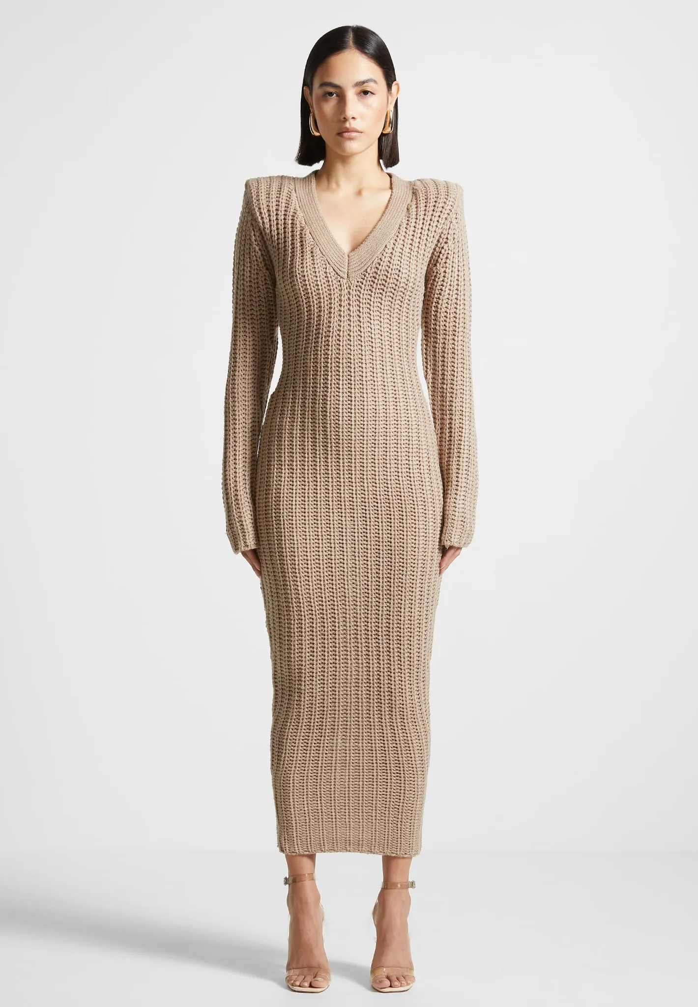 Taupe Wide Shoulder Knitted Midaxi Dress for Women - Stylish and Comfortable