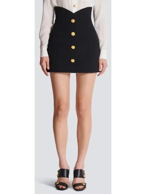 Women’s Black Crepe Tulip Skirt with Rose Buttons