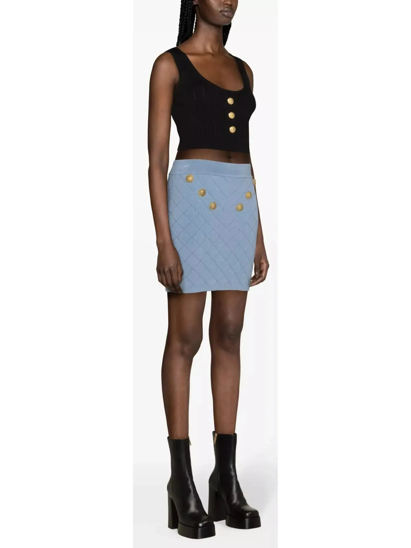 Women’s Button-Embellished Knit Mini Skirt, Blue