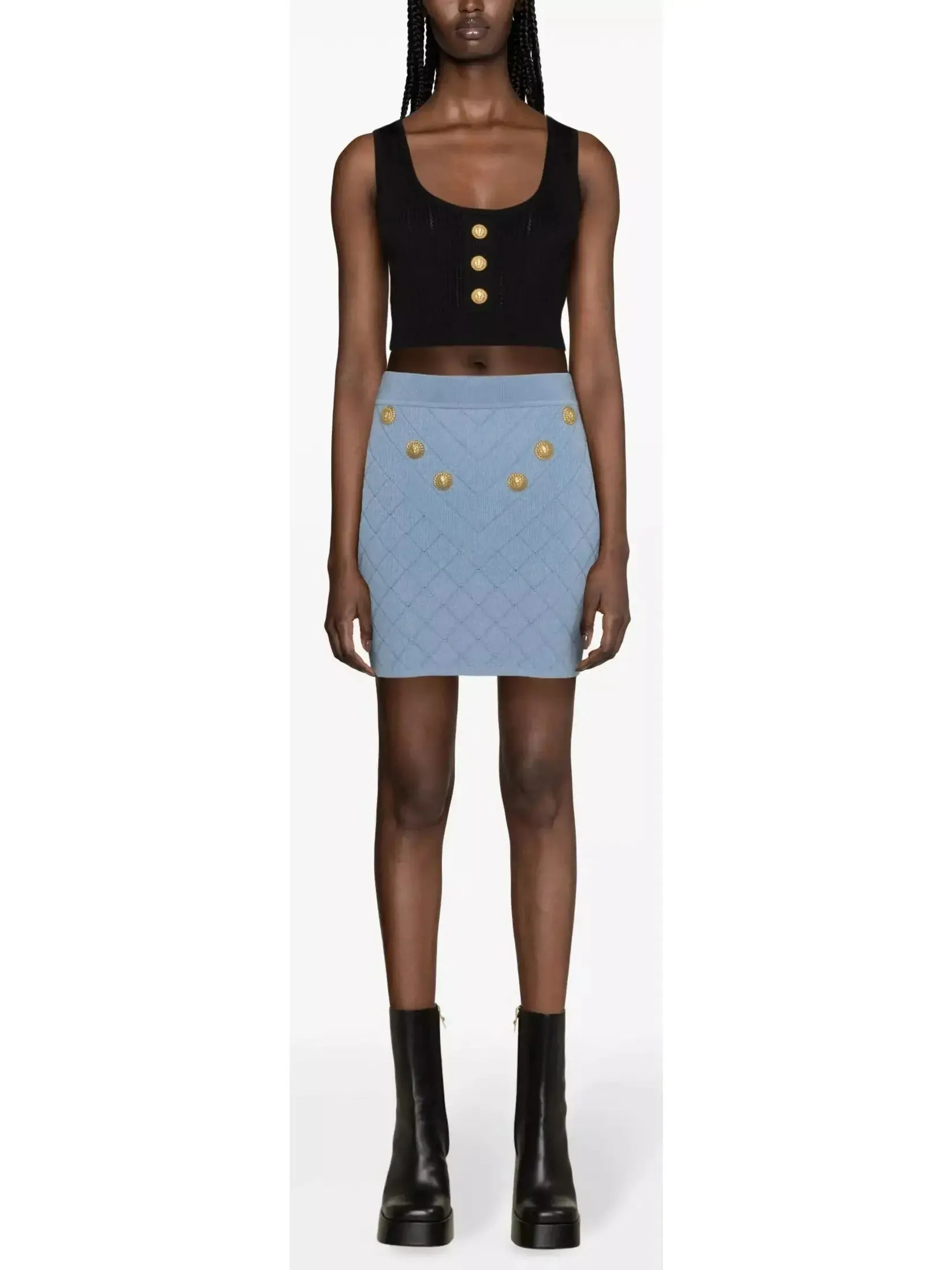 Women’s Button-Embellished Knit Mini Skirt, Blue