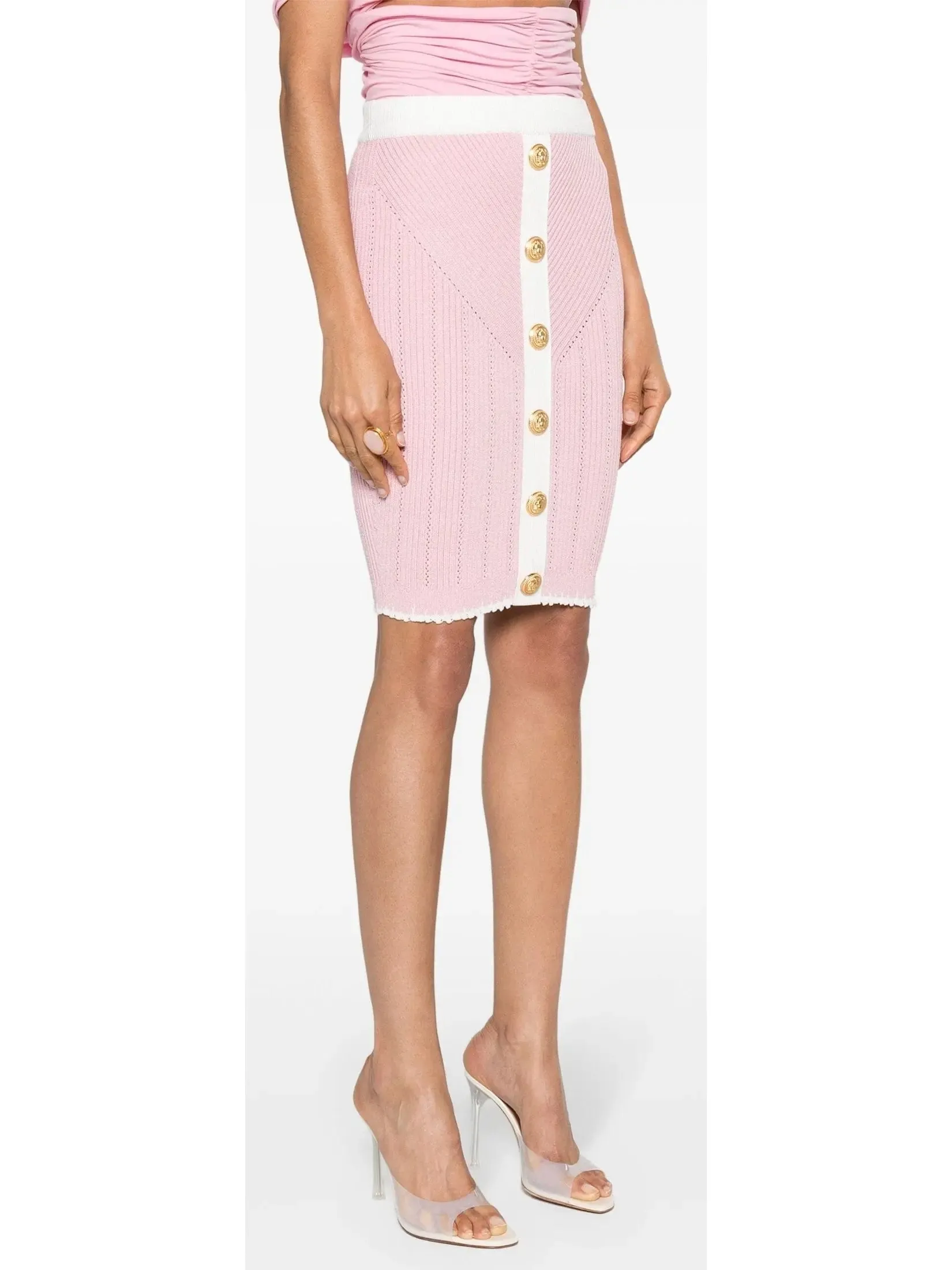 Women’s Buttoned Two-Toned Knit Skirt in Pink and White