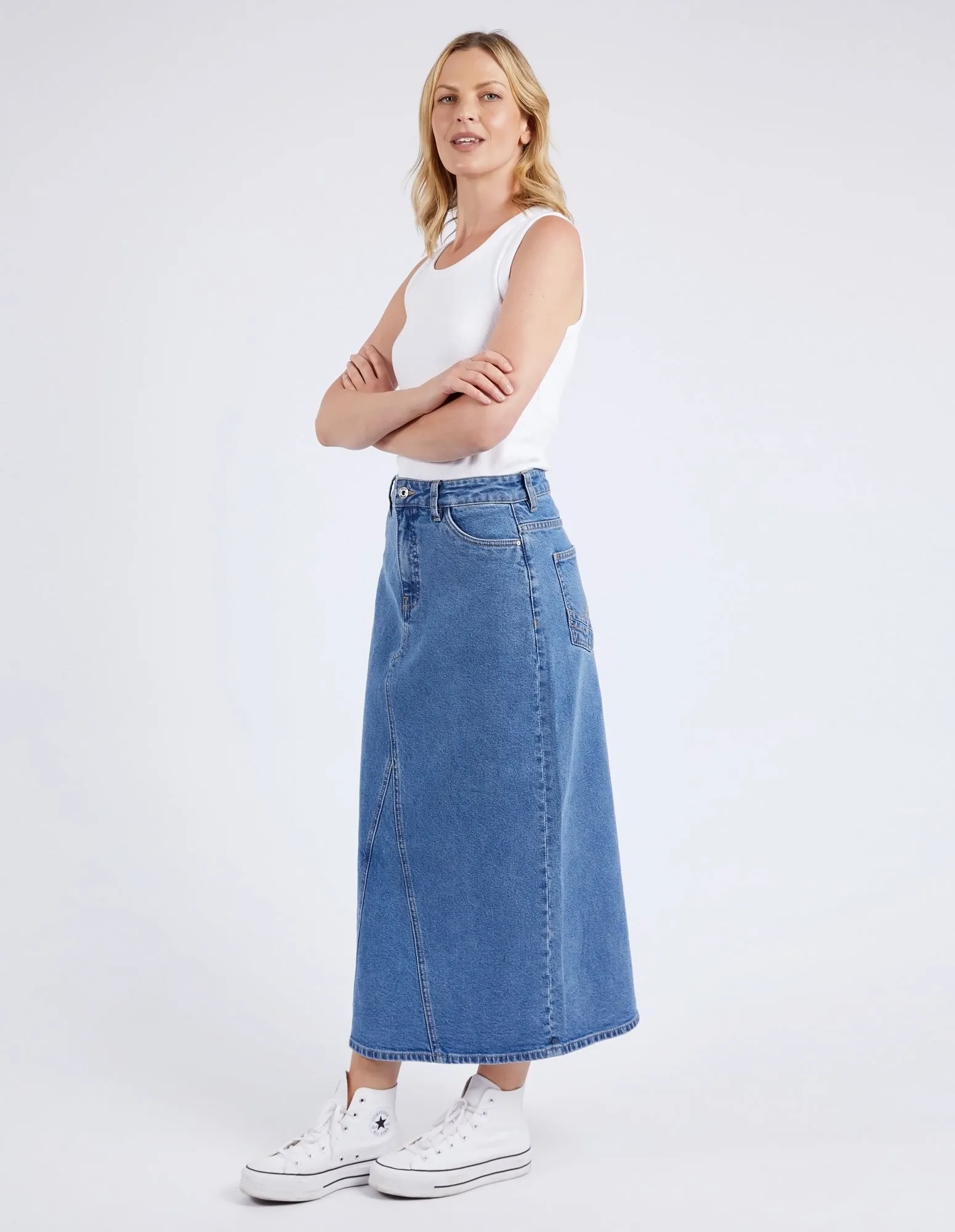 Zoe Midi Denim Skirt Mid Blue Wash